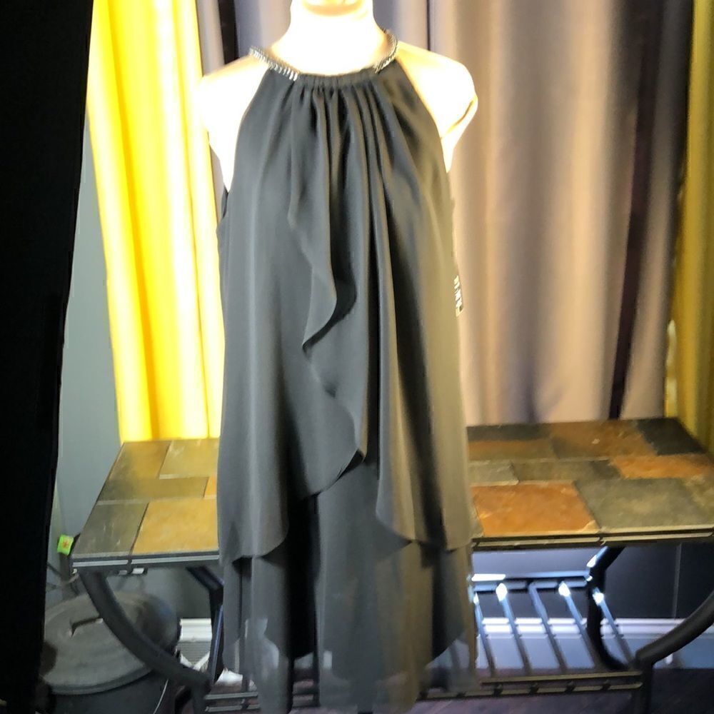 SLNY - 113664 Beaded Ruffle Cascade Chiffon Dress Black size 10